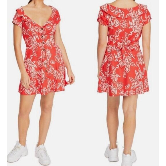 Free People A Thing Called Love Floral Linen Blend Mini Dress Size 2 Red Orange - Picture 9 of 9